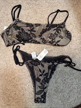 Black Floral Mesh Bikini Set S/M NWT Aerie